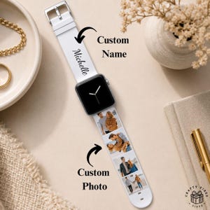 A personalized silicone Apple Watch band featuring a custom collage of family photos, couple memories, or favorite moments printed directly onto the strap. The sweat-resistant band includes a custom name print and is designed to fit Apple Watch sizes 38mm, 40mm, 41mm, 42mm, 44mm, and compatible models. Ideal as a sentimental gift for birthdays, anniversaries, Mother’s Day, Father’s Day, or everyday wear.