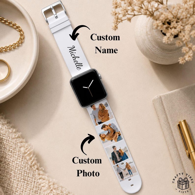 A personalized silicone Apple Watch band featuring a custom collage of family photos, couple memories, or favorite moments printed directly onto the strap. The sweat-resistant band includes a custom name print and is designed to fit Apple Watch sizes 38mm, 40mm, 41mm, 42mm, 44mm, and compatible models. Ideal as a sentimental gift for birthdays, anniversaries, Mother’s Day, Father’s Day, or everyday wear.