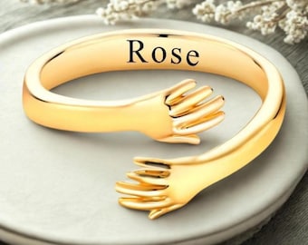 Custom Engraved Name Hug Ring - Minimalist Adjustable Jewelry - Silver Or Gold, Stainless Steel, Gift For Daughter Or Wife