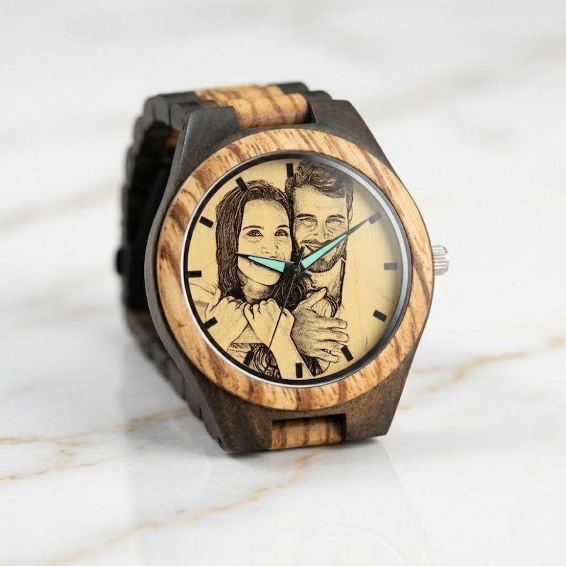 Unique wooden watch with picture dial, meaningful anniversary gift for him, eco-conscious material with detailed craftsmanship and comfortable wear