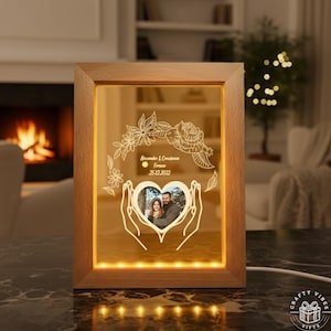 Lámpara nocturna 3D con forma de flor y foto personalizada: decoración personalizada de acrílico y madera (luz LED cálida, alimentación USB, 14 x 19 cm).