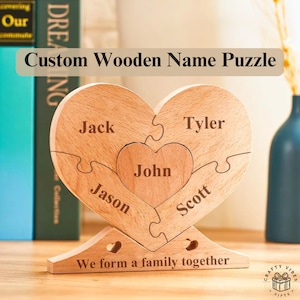 Benutzerdefinierte Holz Namen Puzzle Herz Puzzle Holz Jahrestag Familien Plaques Holz Familienname Home Display Decor Geschenk für Papa und Mama Familie Decor