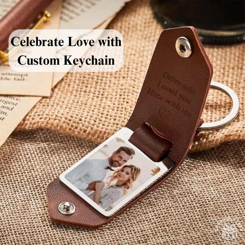 Custom Leather Photo Keychain Personalized Date Keyring Engraved Message Gift for Couple Anniversary Keepsake for Him Her Birthday Present
Side view of the personalized leather keyring with a photo, highlighting the craftsmanship and attention to detail.