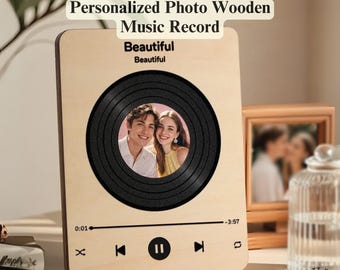 Personalized Photo Wooden Music Record Player Wedding Gift Song Plaque Custom Vinyl Decor Music Stand Favorite Song Gift for Couples Present