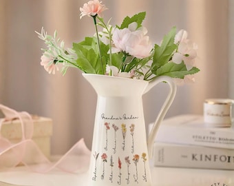 Fleur de naissance personnalisée, vase en céramique gravé | Cadeau souvenir de famille | 14,5 cm × 10 cm × 18 cm