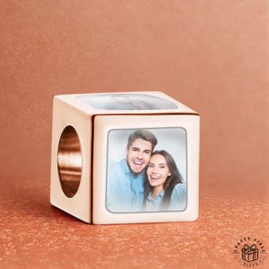 Custom four-sided copper photo charm bracelet for women with personalized pictures.