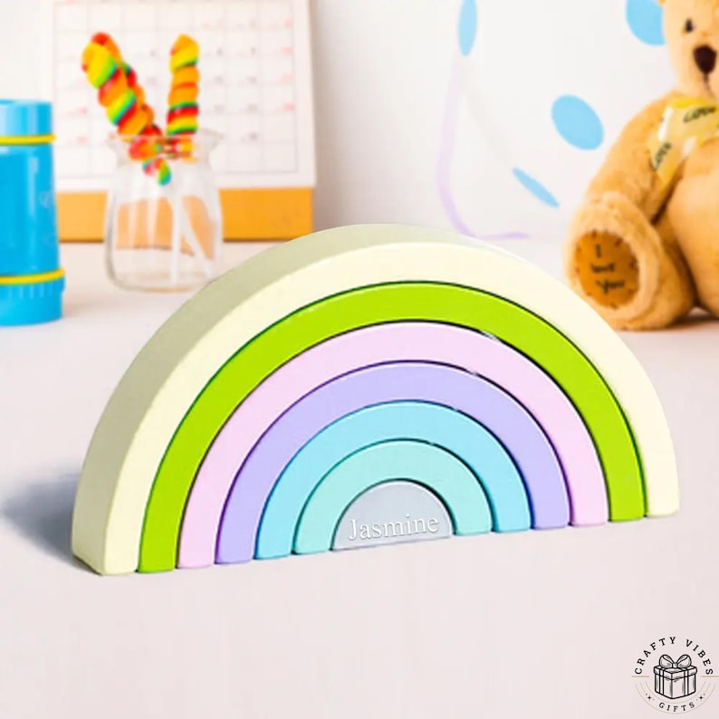 Wooden rainbow arch stacker puzzle building blocks gift for children