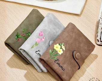 Birth Flower Wallet Custom Floral Gift, Engraved Slim PU Leather (Compact Card Holder, Personalized, Durable)