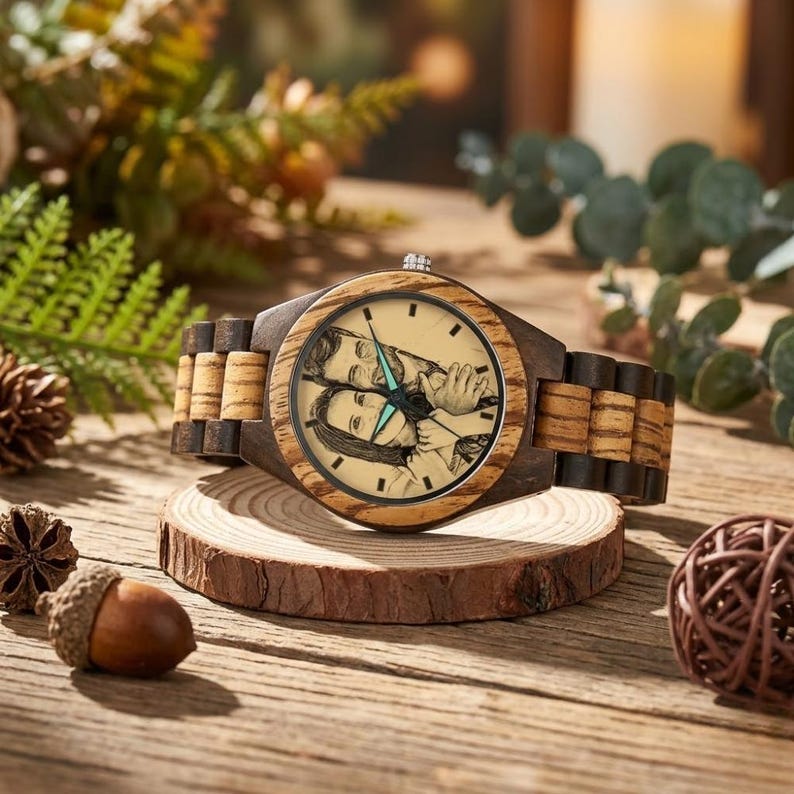 Engraved wood watch with picture on dial, unique personalized gift for him, natural wood texture with smooth finish and comfortable adjustable band