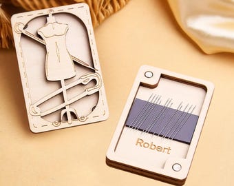 Needle Box Holder Personalized Organizer: Compact Wooden Magnetic Case - Custom Engraved, Portable Craft Storage for Sewing