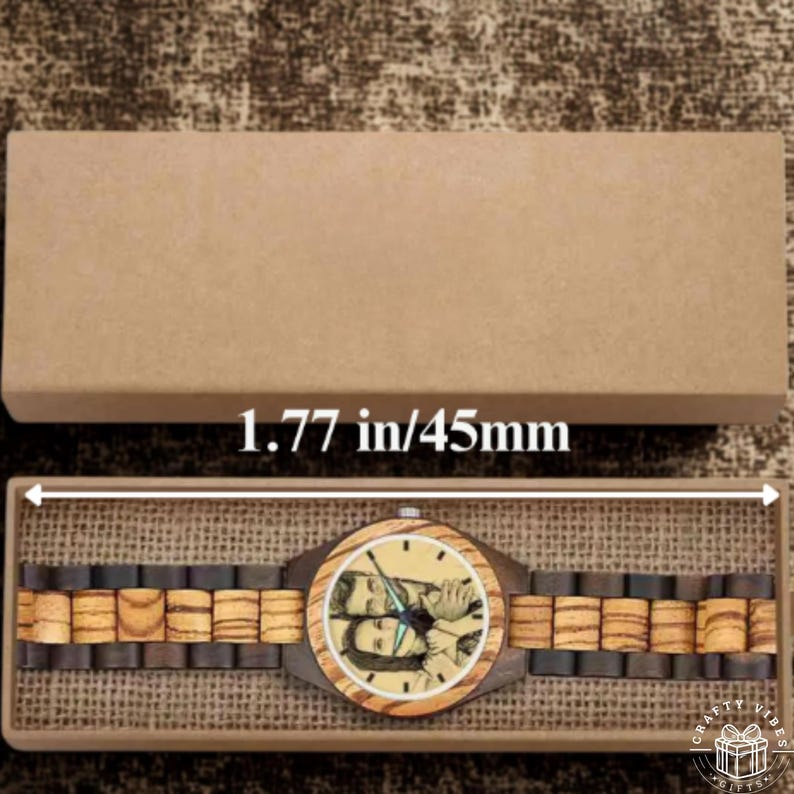 Personalized wooden wristwatch with engraved back and custom image face, elegant handmade design with eco-friendly wood and smooth finish