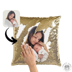 Custom Sequin Pillow Cover: Personalized Photo Display, Reversible Two-Color Sequins | Soft Flannel Back, Hidden Zipper | 16x16 Inches