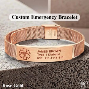 Pulsera de identificación para autismo grabada a medida: Banda de alerta médica, información sobre alergias y diabetes (ajustable de 6 a 8 pulgadas, acero inoxidable, unisex)