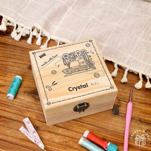 Engraved Wooden Box: Personalized Sewing Machine Design - Durable Wood, Custom Name, Craft Supplies Storage