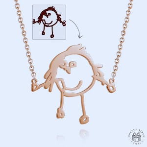 Personalized Line Art Necklace: Custom Child&#39;s Drawing Copper Pendant