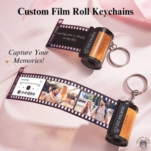 Keychain Gift Custom: Personalized Film Roll Photo Token, Memory Keepsake | Plastic Keyring, Wooden Box, Durable Design