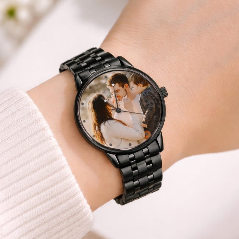 Personalized picture wristwatch for him made from alloy with custom photo face, engraved design, and waterproof feature ideal as a thoughtful gift for men.