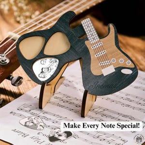 Guitar Pick Display Case - Custom Engraved Photo Holder - Durable Wood, Magnet Closure, Compact Gift for Music Lovers