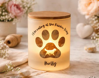 Vela conmemorativa personalizada para perros – Silueta personalizada / Homenaje al Puente Arcoíris / Recuerdo en frasco de vidrio con luz LED sin llama