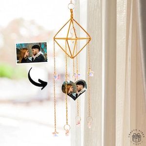 Heart Star Pendants Custom Windchime, Photo Engraved Memorial Tribute (15.7in, Acrylic, Soothing Sounds)