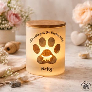Gepersonaliseerde herdenkingskaars hond: Rainbow Bridge Tribute - aangepast silhouet, vlamloze led, elegante glazen pot