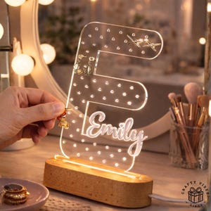 Custom Name Holder Jewelry Organizer, Personalized Earring Stand with LED Glow (Acrylic, Wood Base, 14.5x20.5cm)