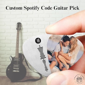 Púa de guitarra personalizada con foto grabada y código de canción personalizado (acero inoxidable, ligera, regalo para amantes de la música, recuerdo único)