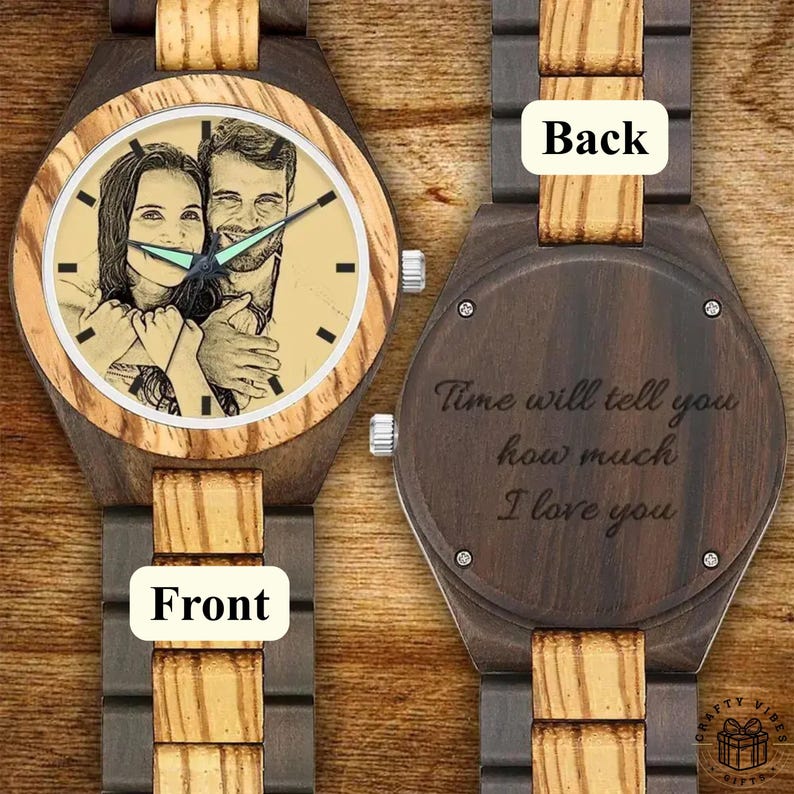 Men’s wooden watch with customizable photo on the face.