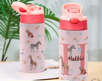 School Water Bottle Personalized Kids Name - Safari Animal Theme, Durable Flip Top Lid, BPA Free Stainless Steel, Child Hydration