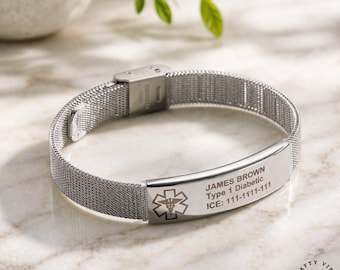 Custom Engraved Medical ID Bracelet – Allergy & Emergency Alert Tag, Stainless Steel, Adjustable 6–8 inch, Unisex