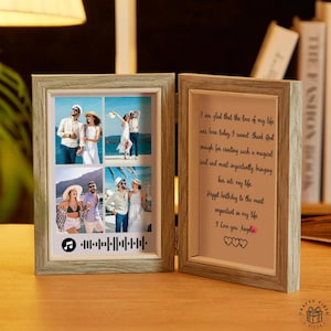 Engraved Wood Frame Double Photo Display: Rustic Oak Finish, Personalized Music Code Art | Handmade, Customizable Gift | Memory Keepsake