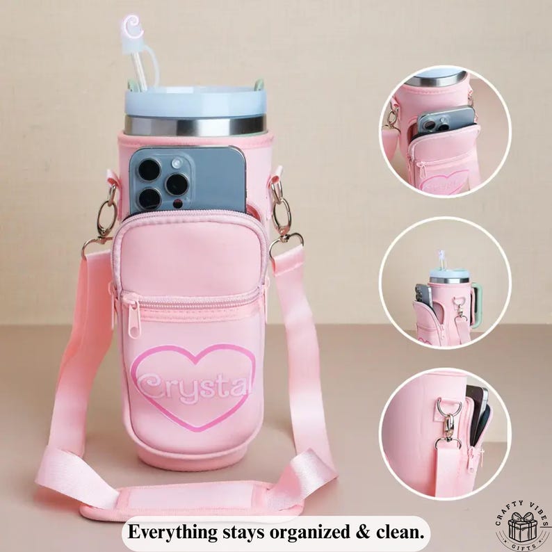 Outdoor water bottle pouch made to fit most tumblers with personalized design options. Insulated holder with adjustable shoulder strap ideal for hiking, camping, and travel. A great gift for nature lovers who want to stay hydrated in style and comfort.