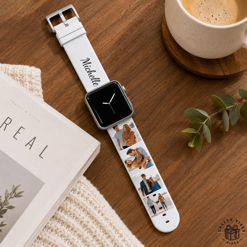 Custom photo collage Apple Watch strap made from durable sweat-resistant silicone material with vibrant full-color image printing and personalized name text. This custom smartwatch band fits Apple Watch 38-44mm sizes and allows users to showcase meaningful memories, loved ones, pets, or special occasions in a stylish wearable accessory.