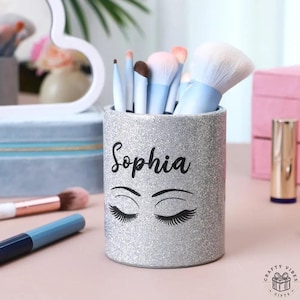 Holder With Name Custom Makeup Holder: Glitter Accent Vanity Cup, Leather Finish (Personalized, 3.34x4 in, Gift)