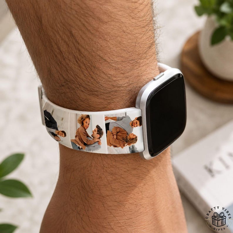 Custom photo collage Apple Watch strap made from durable sweat-resistant silicone material with vibrant full-color image printing and personalized name text. This custom smartwatch band fits Apple Watch 38-44mm sizes and allows users to showcase meaningful memories, loved ones, pets, or special occasions in a stylish wearable accessory.