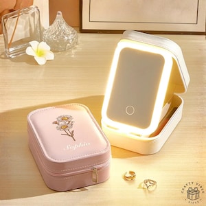 Led Mirror Travel Jewelry Box: Birth Flower Theme, Tri-Color LED Lighting (Faux Leather, Soft Lining, Compact Size)