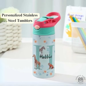 Vasos de acero inoxidable personalizados con diseño de animales de la selva, ideal para cumpleaños, con nombre, botella de agua escolar con asa, regalo para niños