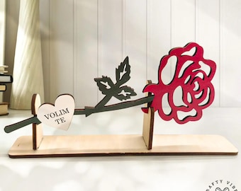 Personalized Rose Custom Text Print, Red Wooden Rose with Heart Accent (Laser Cut Wood, Stand Included, Romantic Gift)