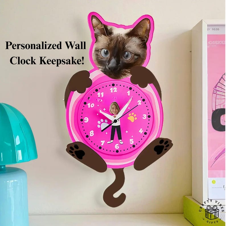 Modern wall clock with printed pet and owner artwork, hanging home décor.