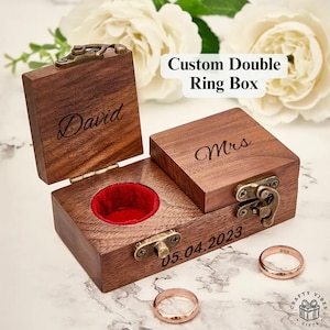 Aangepaste dubbele ringdoos gegraveerde houten trouwringdoos gepersonaliseerd aandenken cadeau voor koppels verlovingsvoorstel trouwdag gunst