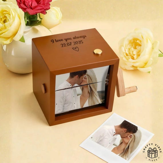 Custom Engraved Flip Book Frame, Solid Wood Music Box, 8 Photos, USB Night Light, Personaliazed Anniversary Gift