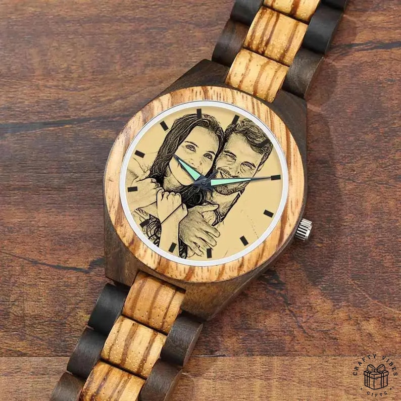 Wooden watch with custom picture and personalized text for men.