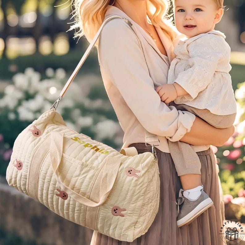 Cute animal print hospital bag in rabbit, bear, or olive design, personalized for new moms
Personalized maternity tote bag shown packed for hospital use.