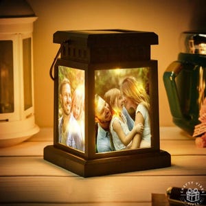 Custom Photo Tribute Warm LED Lantern: Personalized Four Photos, Solar Powered | Weather-Resistant, Memory Keepsake Gift | 11x14.5cm