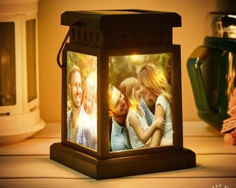 Custom Photo Tribute Warm LED Lantern: Personalized Four Photos, Solar Powered | Weather-Resistant, Memory Keepsake Gift | 11x14.5cm