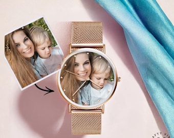 Reloj personalizado con esfera de foto personalizada: Reloj con imagen personalizada, regalo con texto grabado (aleación de oro rosa/plata, resistente al agua).