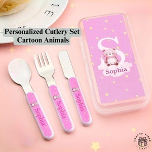 Juego de cubiertos para niños personalizado con dibujos de animales, nombre grabado, tenedor, cuchara, cuchillo, acero inoxidable, regalo para bebés pequeños, estuche para utensilios.