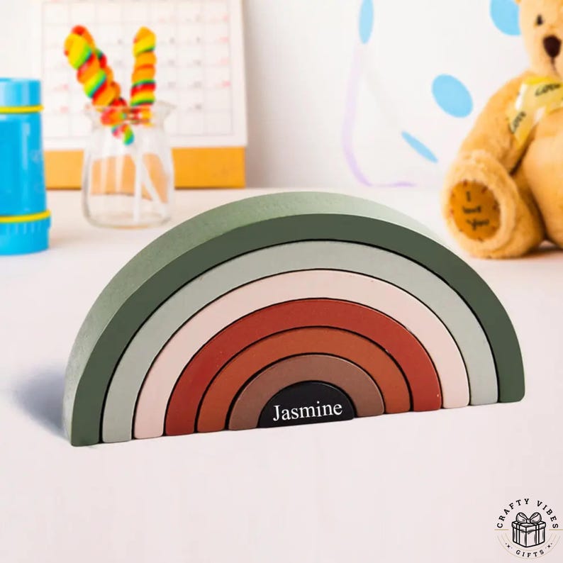 Wooden rainbow puzzle stacker toy set fine motor skill learning toy