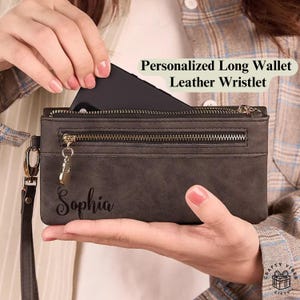 Carteira feminina de couro: Carteira dobrável personalizada, bolso para moedas com zíper - Couro legítimo, texto personalizado, alça de pulso