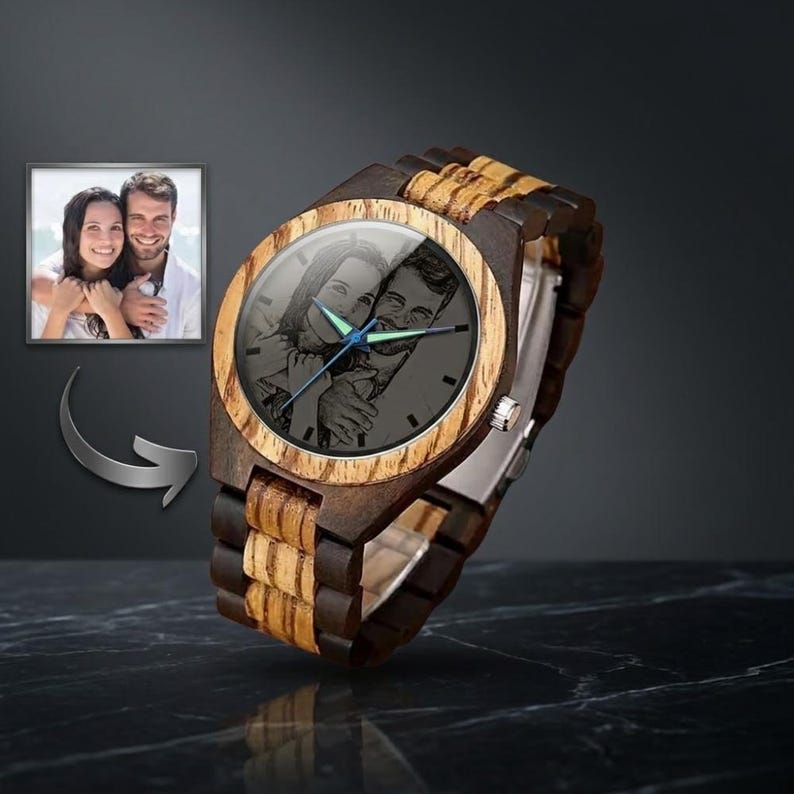 Custom photo wooden wristwatch featuring a personalized image on the dial, handcrafted eco-friendly material, lightweight design with adjustable strap for everyday wear